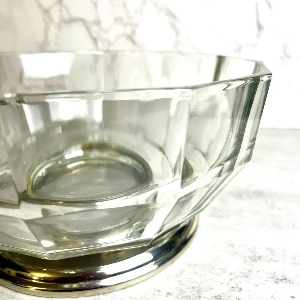 Vintage Mid-Century Modern Italian Crystal Paneled Bowl Silver Plated Base